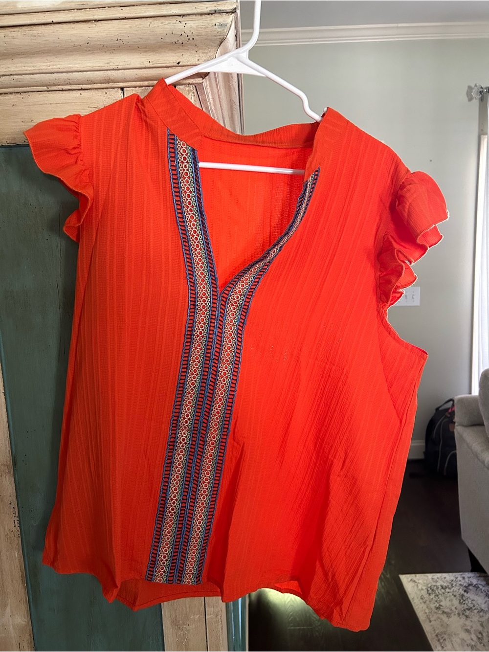 Ruffled Sleeve V-Neck Embroidered Orange Women's Top